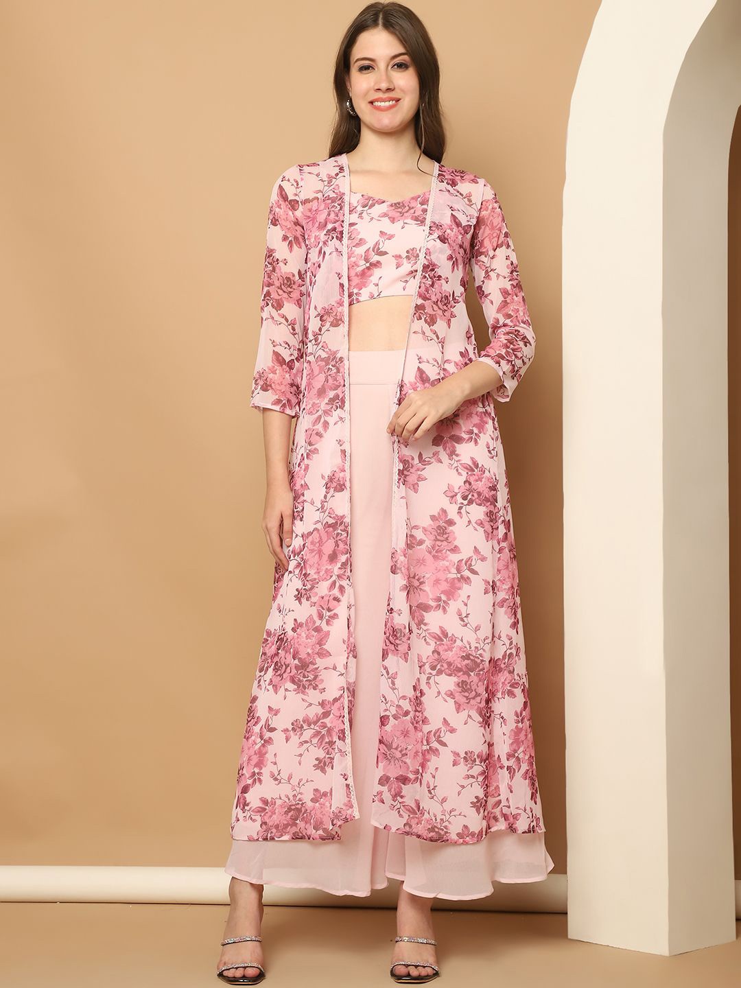 

Purple State Printed Crop Top & Palazzo With Shrug Co-Ord, Pink