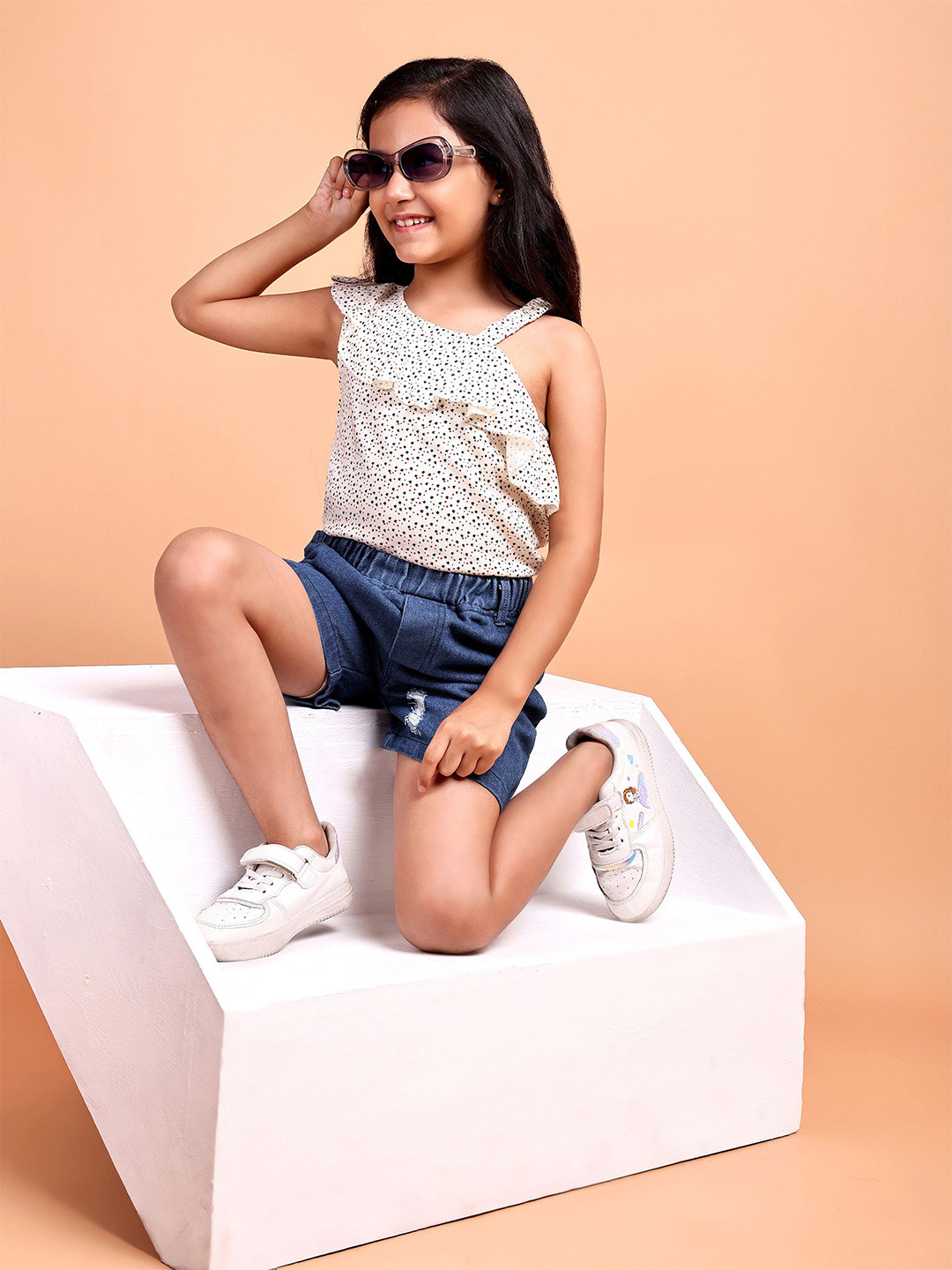 

YK Girls Printed One Shoulder frill Top with Shorts, Beige