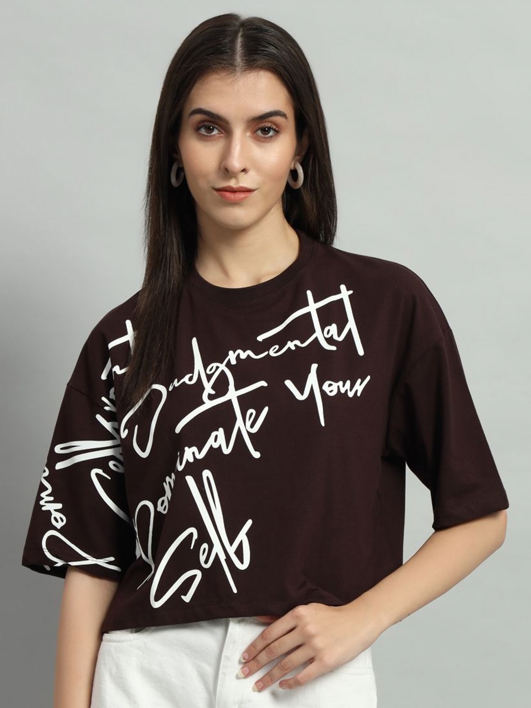 

AECK Women Typography Printed Round Neck Cotton T-Shirt, Tan