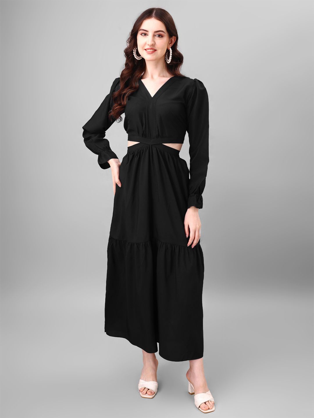 

Femvy Solid Fit & Flare Abstract Maxi Dress, Black