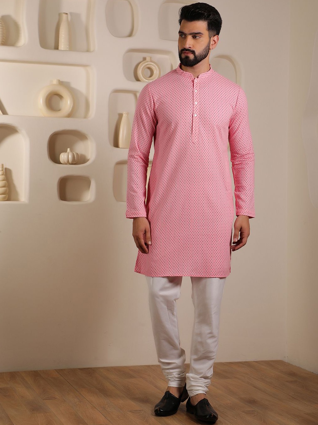 

Anouk Men Ethnic Motifs Printed Regular Pure Cotton Kurta with Churidar, Peach