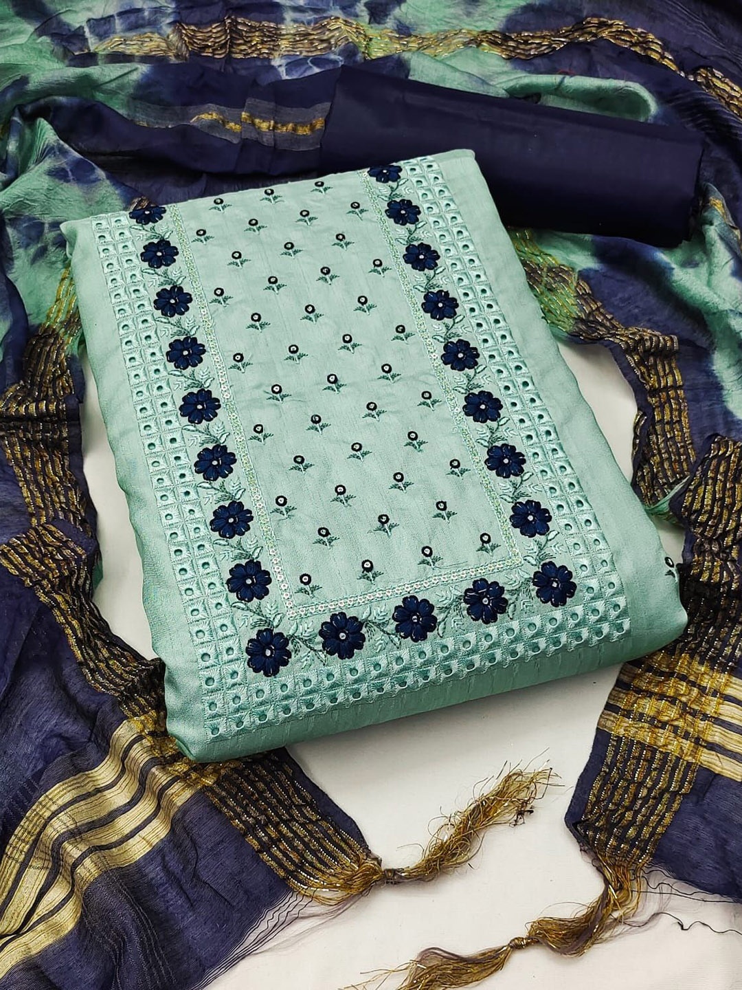 

Aika Thread Work Unstitched Dress Material, Teal