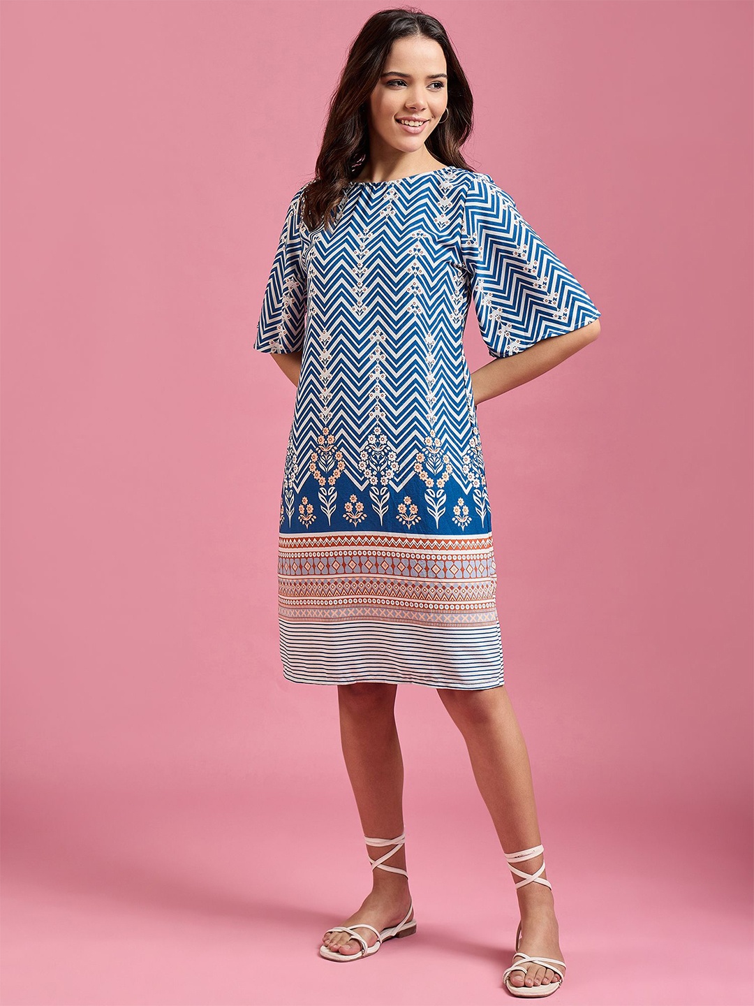 

DressBerry Print Flared Sleeve Georgette A-Line Dress, Blue