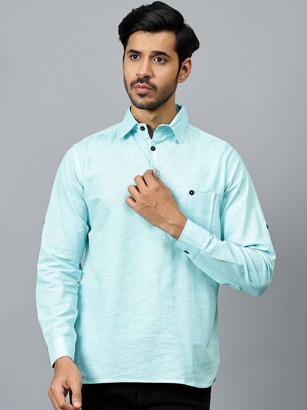 

Yugnik Spread Collar Roll-Up Sleeves Cotton Kurta, Green