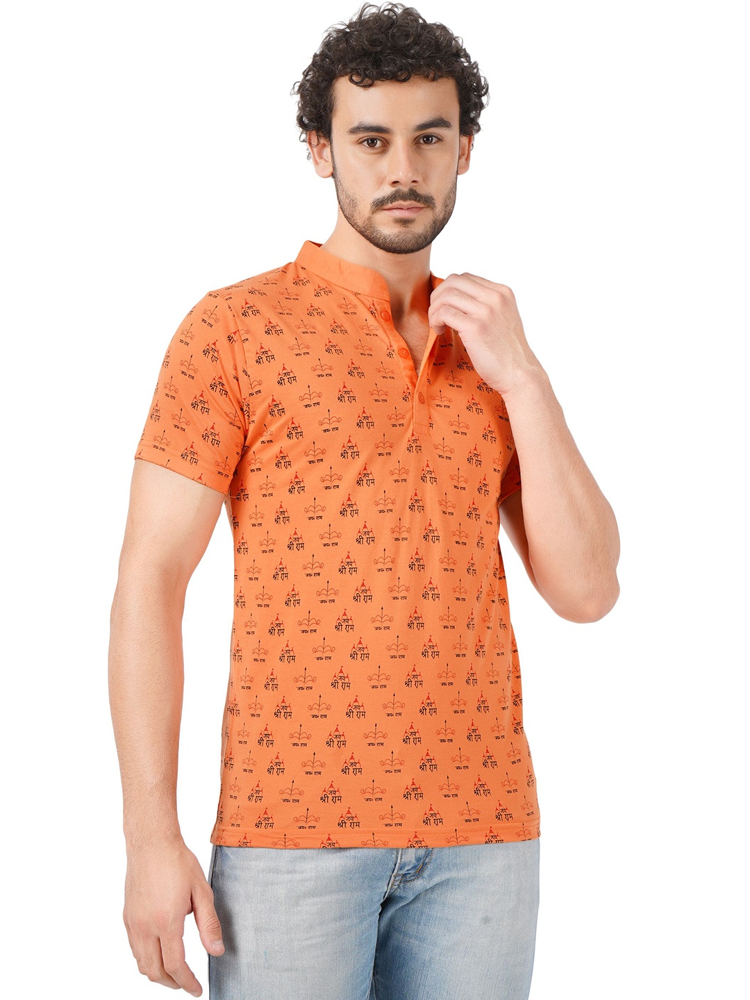 

BLUEFICUS Men Dri-FIT Conversational Printed Mandarin Collar Cotton T-Shirt, Mustard