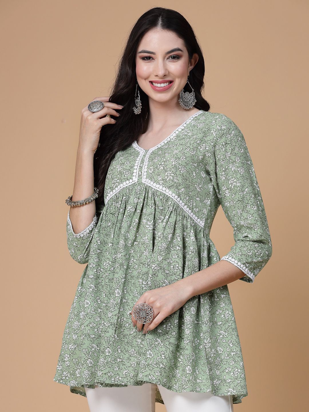 

SEVEN FLOWER Floral Print Peplum Top, Green