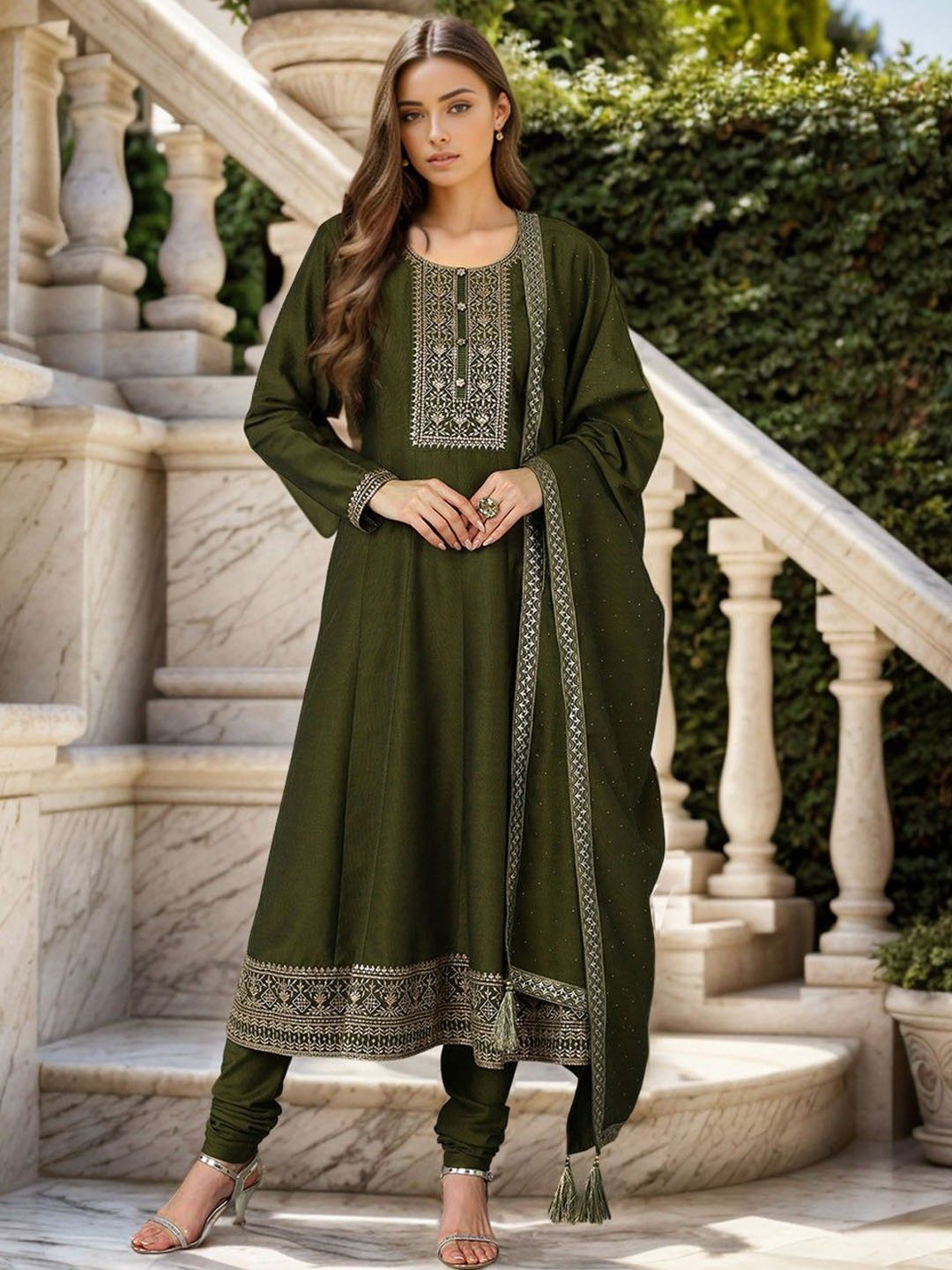 

KALINI Floral Yoke Design Regular Sequinned A Line Kurta with Churidar & Dupatta, Olive