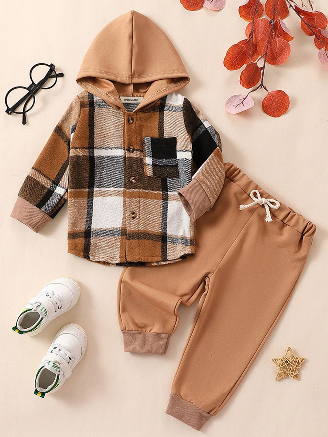 

INCLUD Boys hooded Checked Pattern long sleeves Shirt with Trouser, Brown