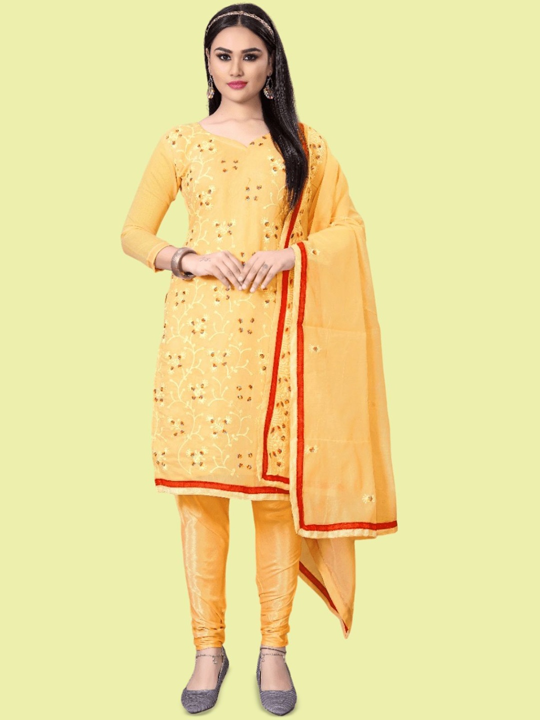 

APNISHA Floral Embroidered Thread Work Unstitched Dress Material, Yellow