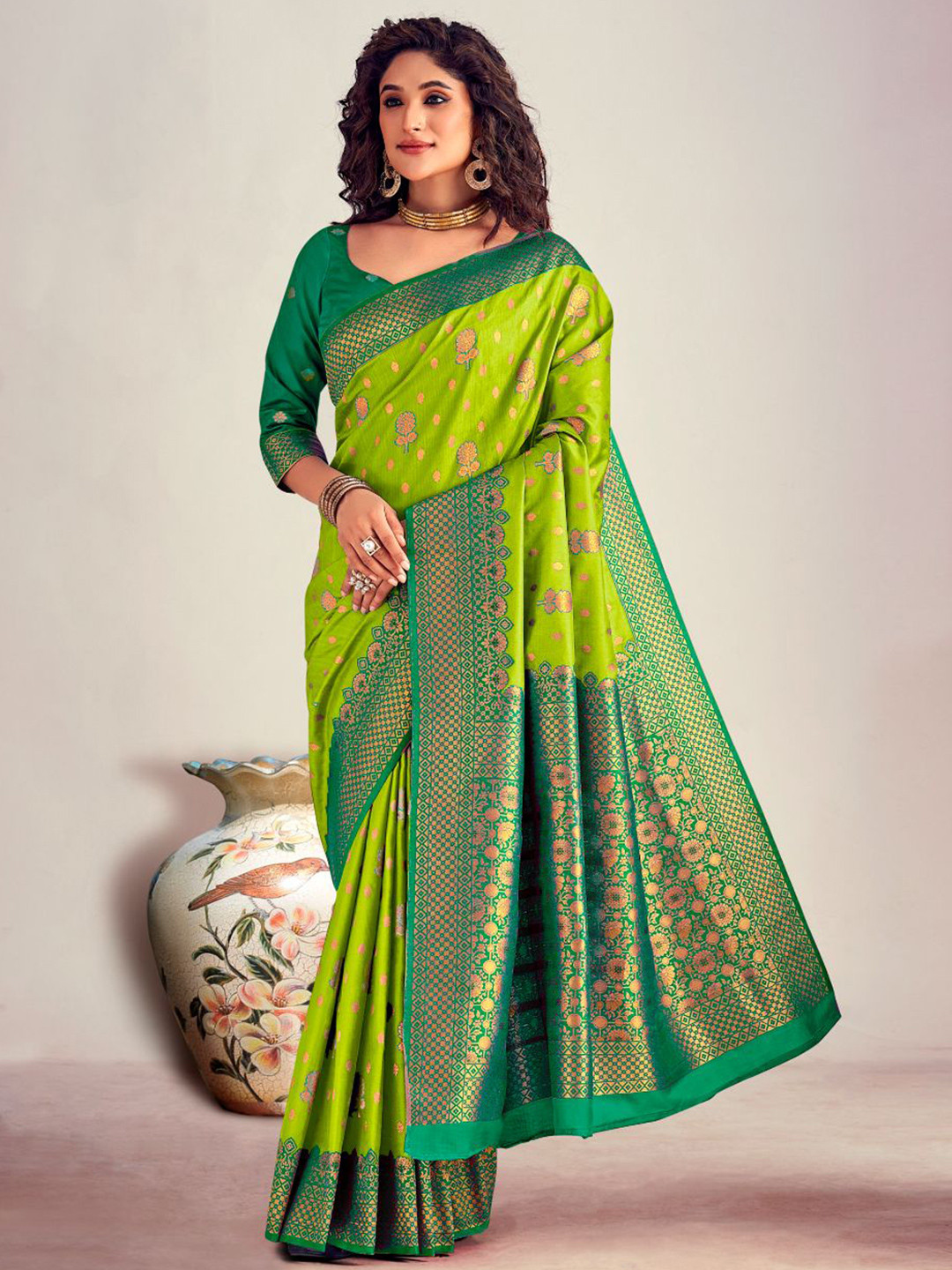 

NK Textiles Printed Floral Silk Blend Banarasi Saree, Lime green