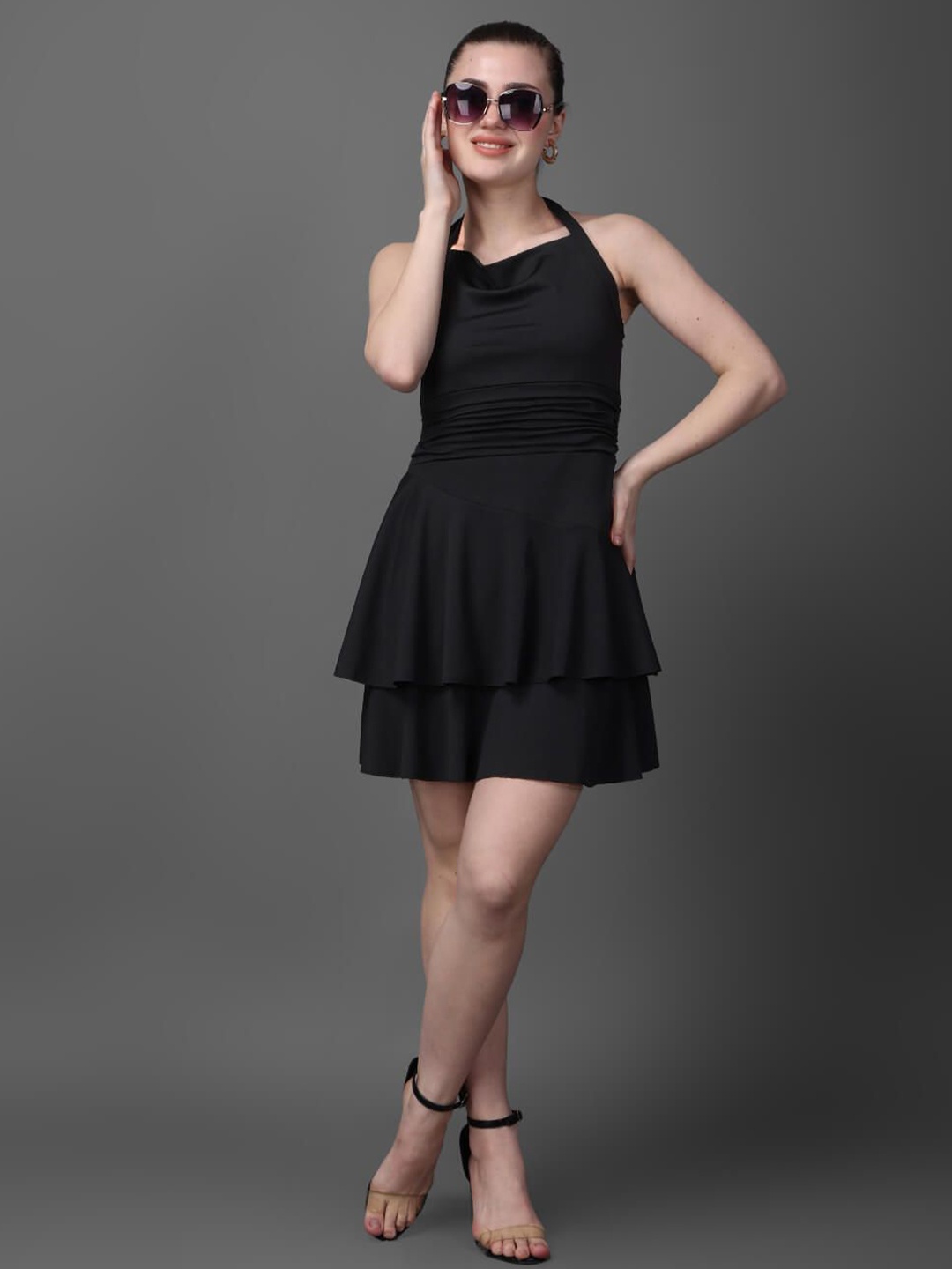 

MEEAMI FASHION Women Halter Neck Fit & Flare Mini Dress, Black