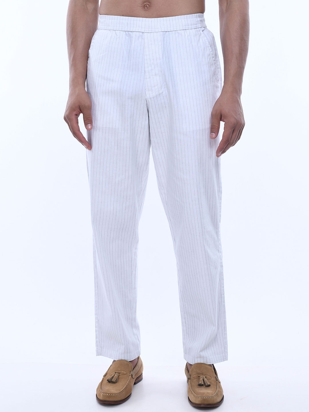 

Tailoraedge Men Striped Relaxed Trousers, White