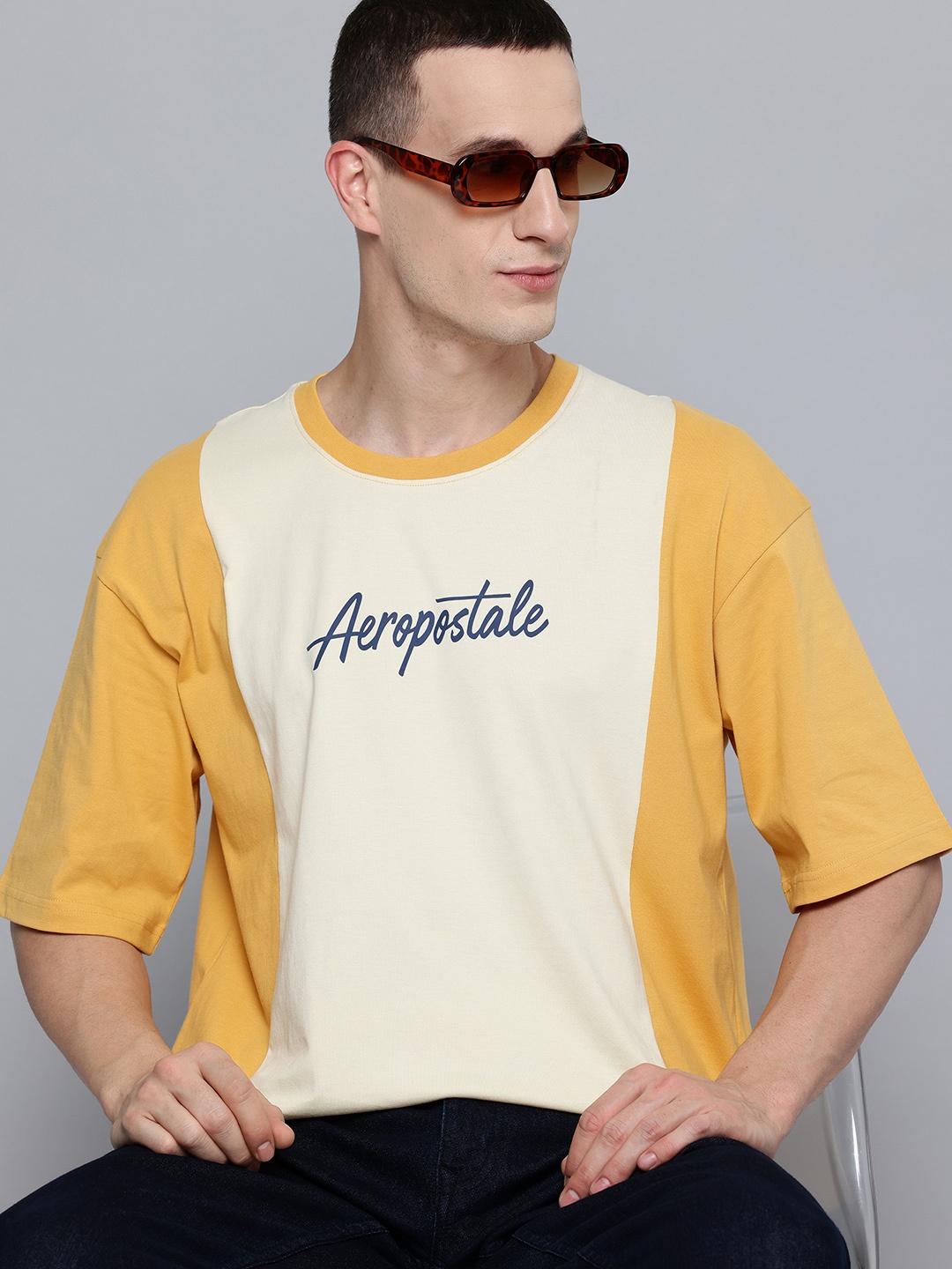 

Aeropostale Colourblocked Drop-Shoulder Sleeves Pure Cotton Relaxed Fit T-shirt, Beige