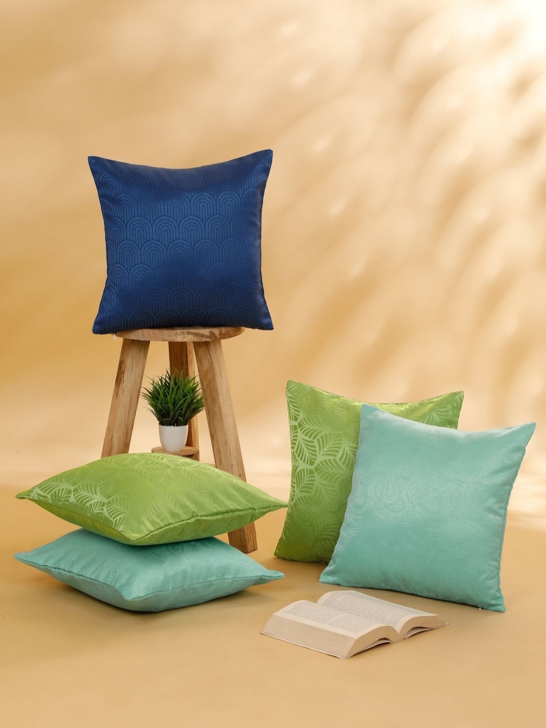 

ROSARA HOME Green & Blue 5 Pieces Self Design Square Cushion Covers