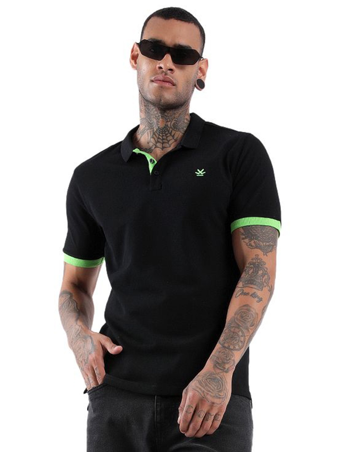 

WROGN Men Solid Polo Collar Cotton Slim Fit T-Shirt, Black