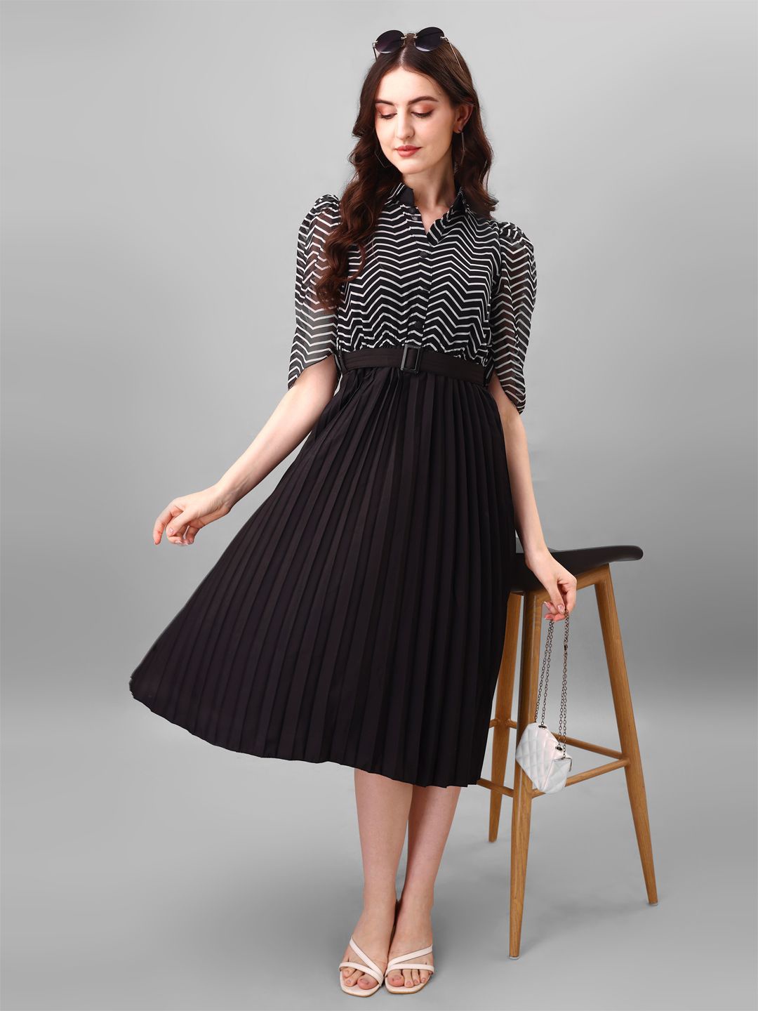 

Femvy Printed Shirt Collar Puff Sleeve Gathered or Pleated Fit & Flare Dress, Black