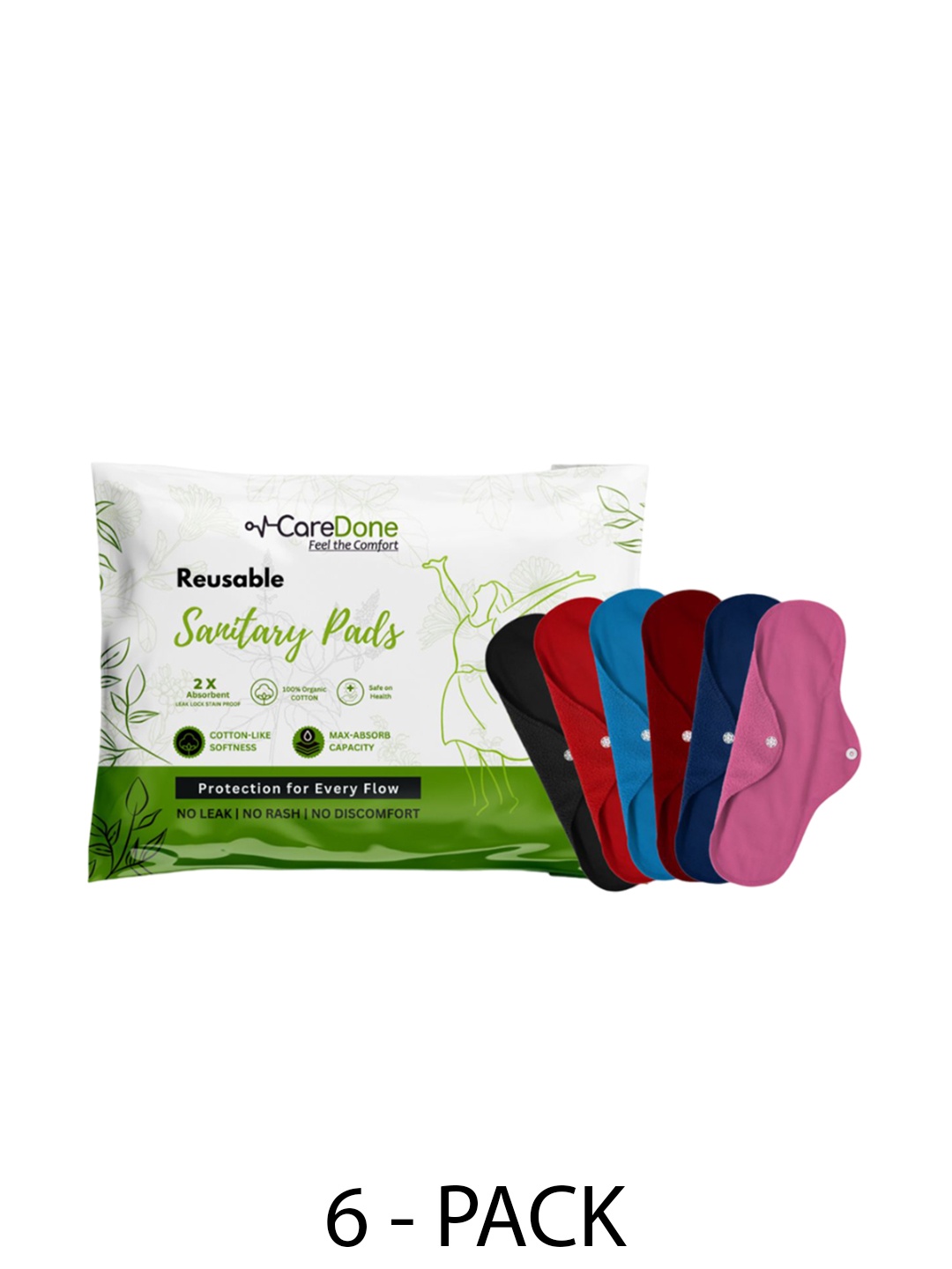 

CareDone Set Of 6 Reusable 100% Organic Cotton Sanitary Cloth Pads - XL, Black