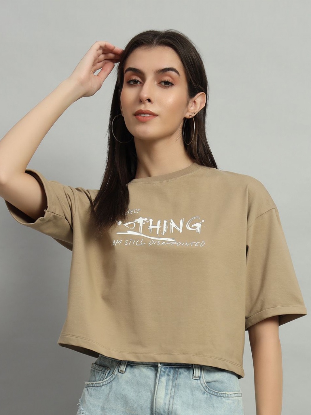 

AECK Women Typography Printed Round Neck Cotton T-Shirt, Tan