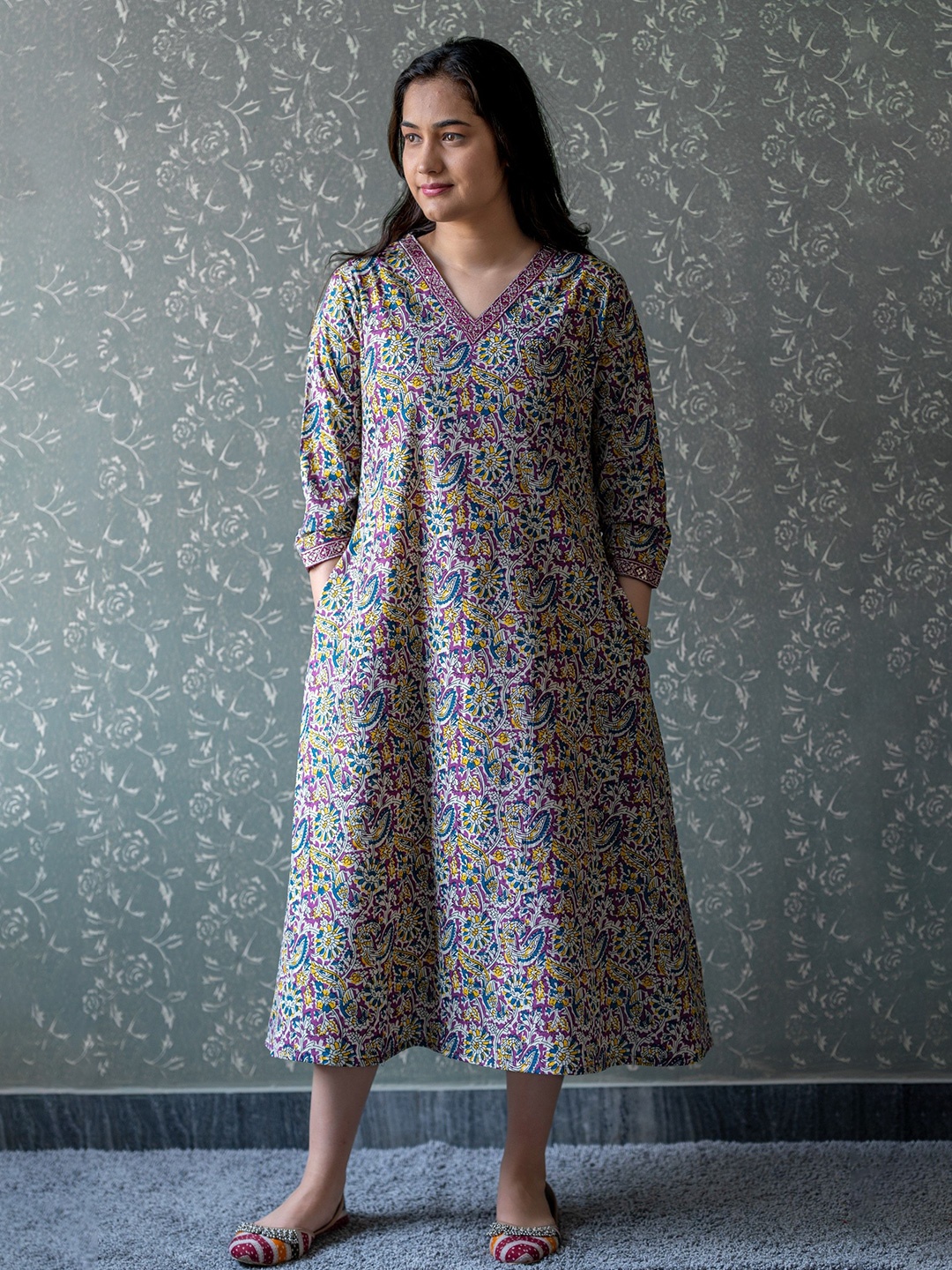 

JAIPURI BUNAAI Floral Embroidered A-Line Midi Dress, Multi