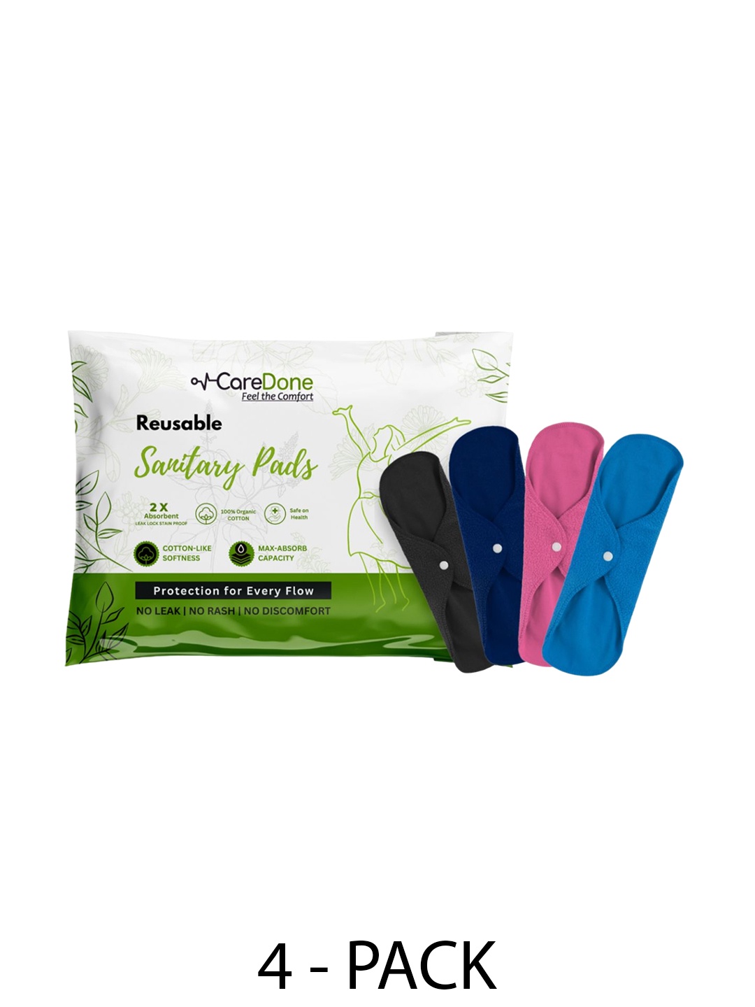 

CareDone Set Of 4 Reusable 100% Organic Cotton Sanitary Cloth Pads - XL, Black
