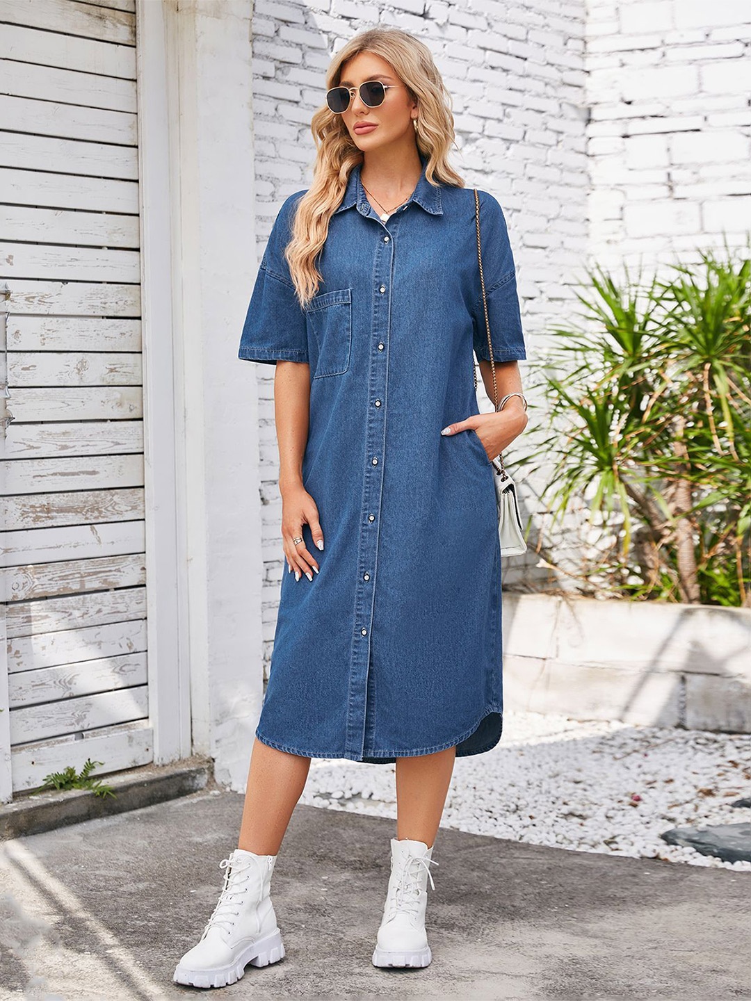 

StyleCast Blue Denim Shirt Short Sleeves Midi Dress