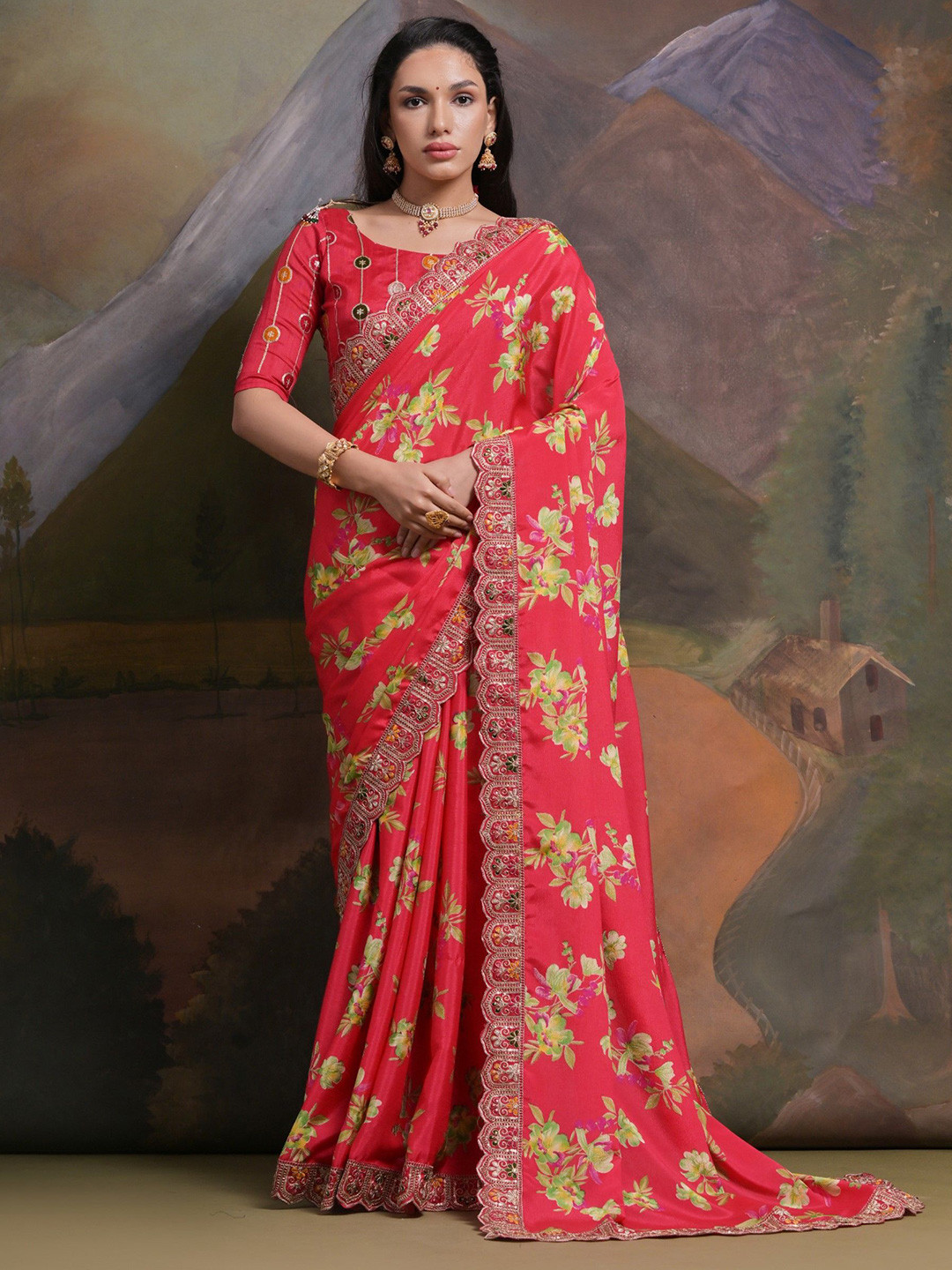 

Panzora Floral Printed Sequinned Saree, Pink