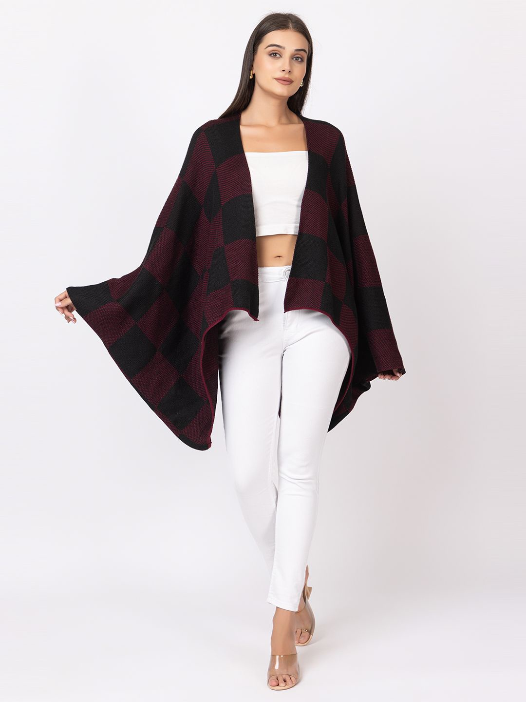 

Anouk Burgundy Checked V-Neck Winter Open Front Shrug