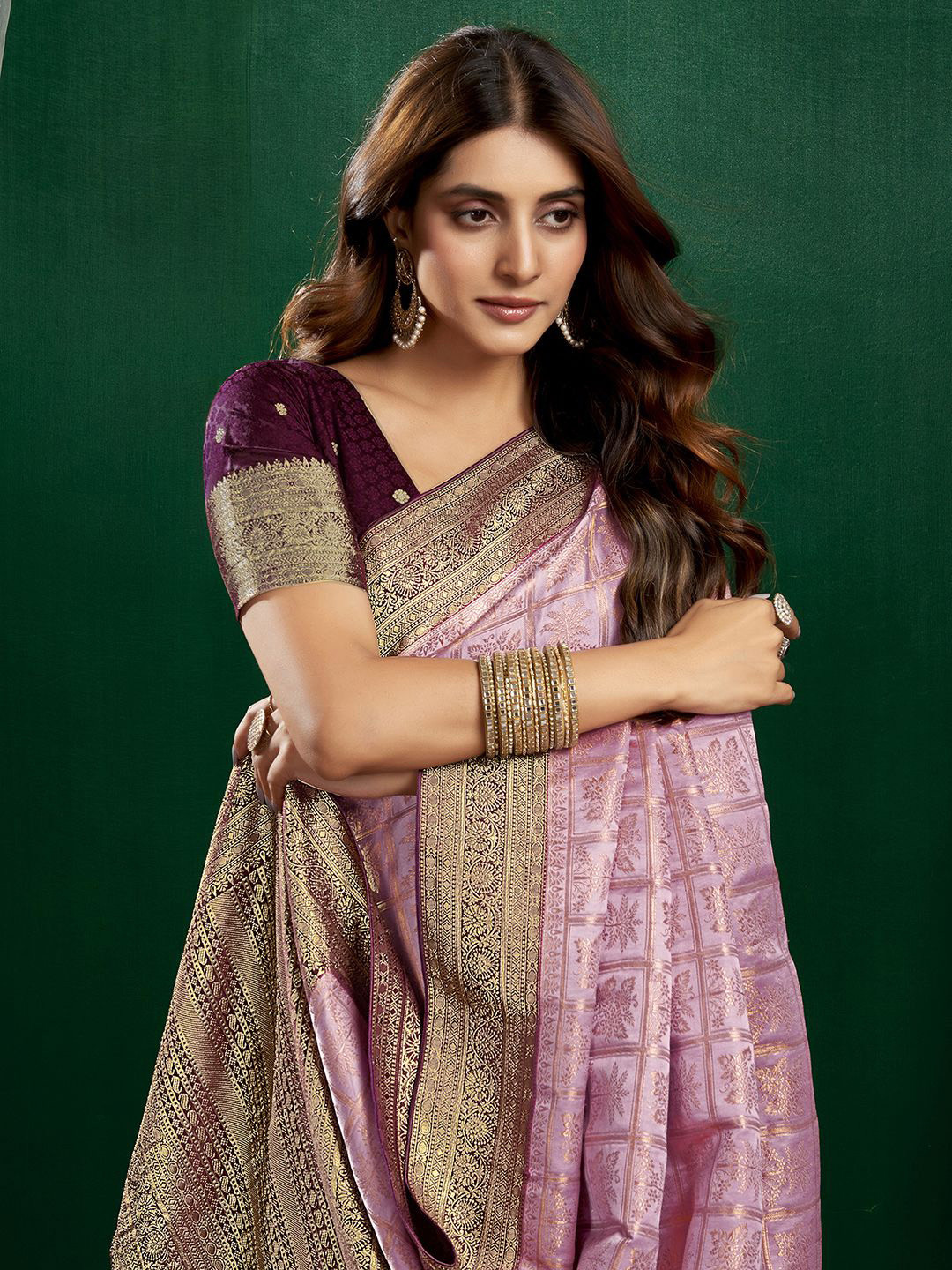 

Satrani Woven Design Floral Zari Patola Saree, Purple