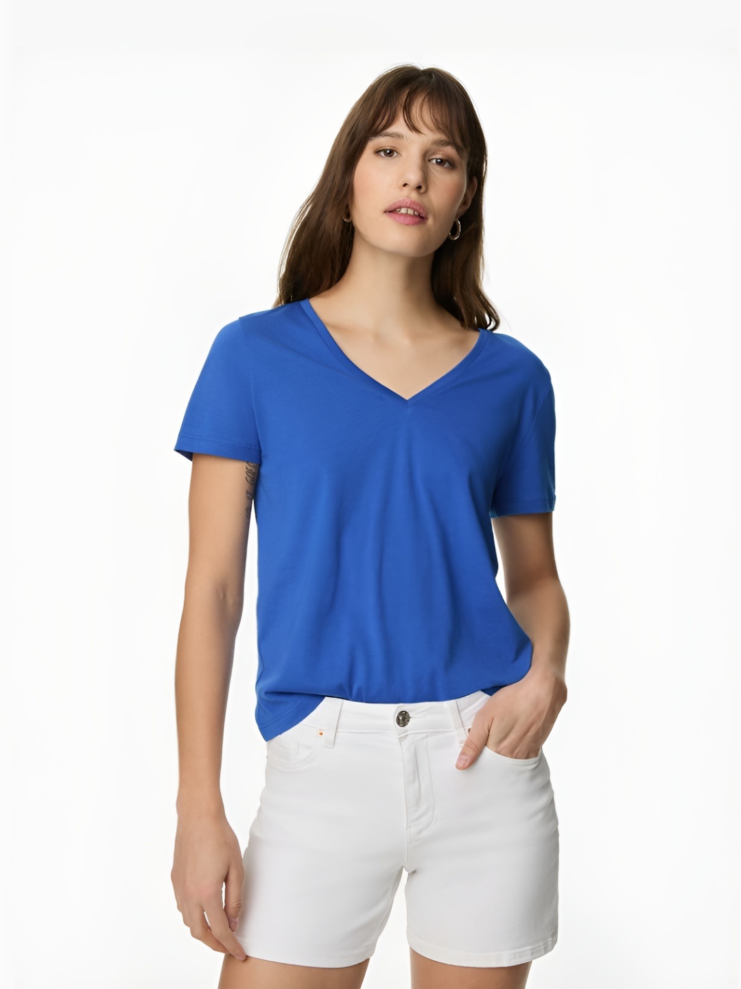 

Marks & Spencer Women Solid V-Neck Cotton T-Shirt, Blue