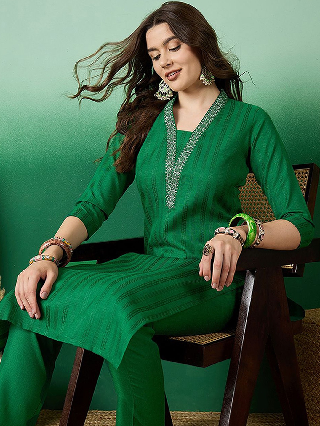 

Sangria Sequence Embroidered Straight Kurta With Trouser, Green