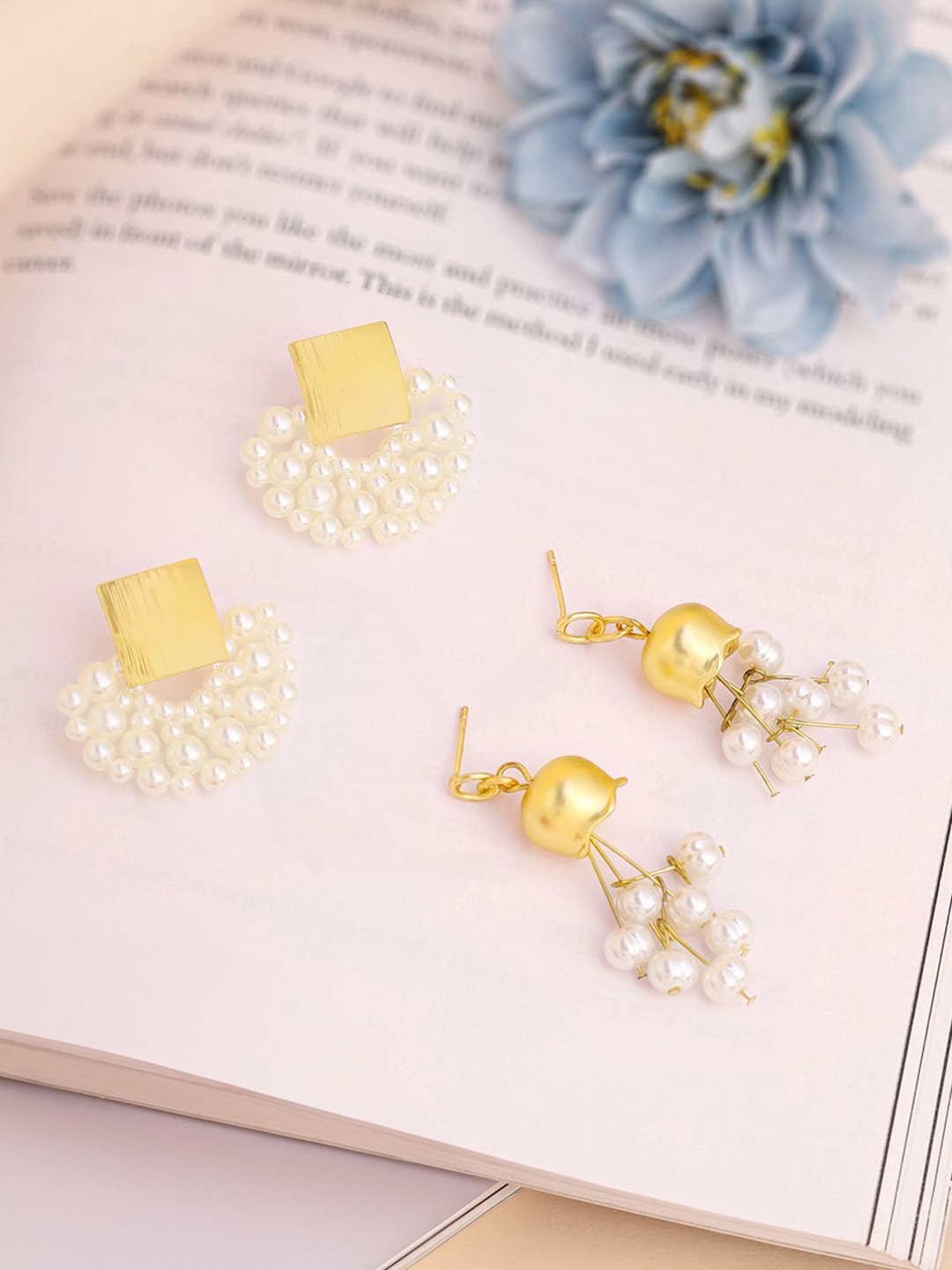 

Yellow Chimes Set Of 2 Gold Plated Pearl Beaded Contemporary Drop Earrings