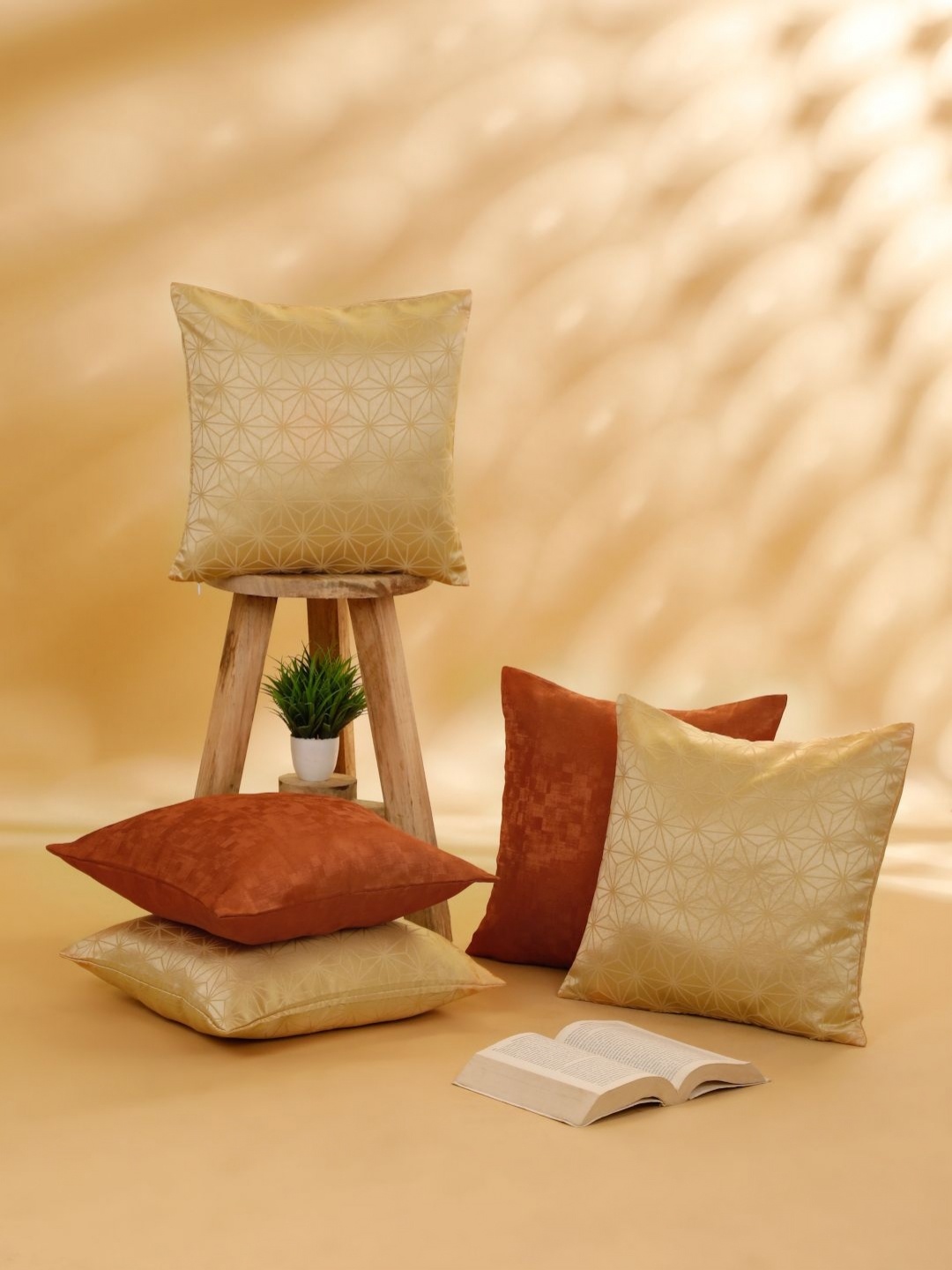 

ROSARA HOME Beige & Rust 5 Pieces Geometric Square Cushion Covers