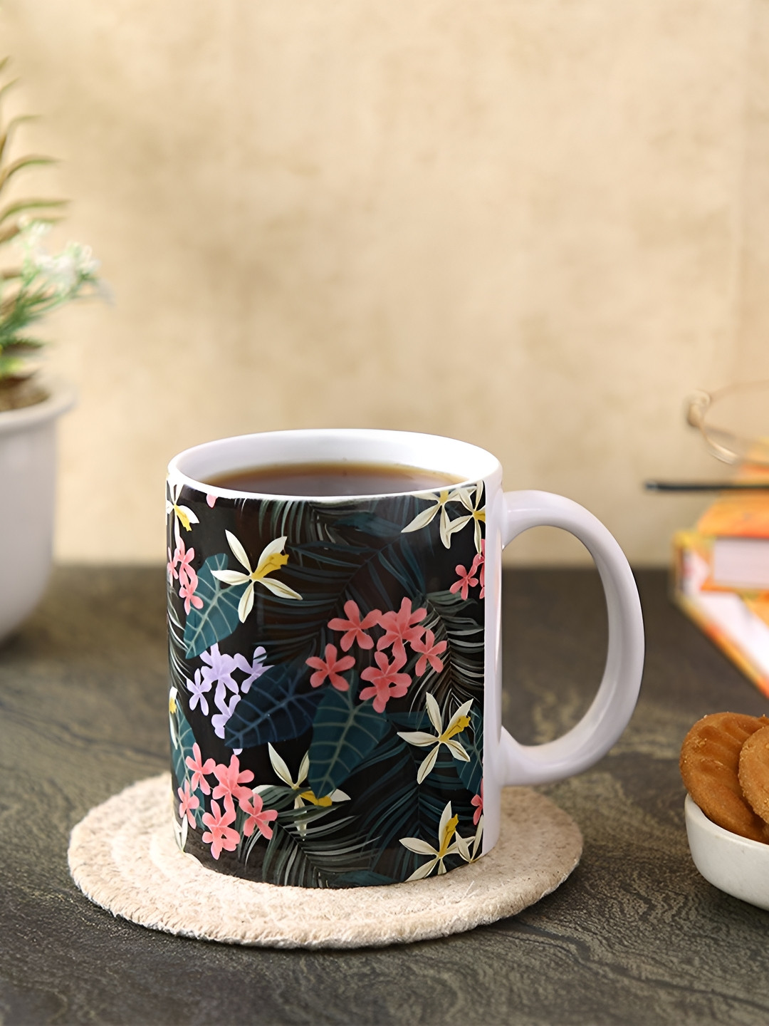 

PENTADECO Black & Pink Floral Printed Ceramic Glossy Coffee & Tea Mug