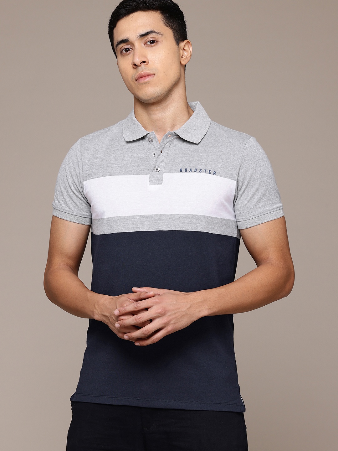 

The Roadster Lifestyle Co. Striped Polo Collar T-shirt, Grey melange