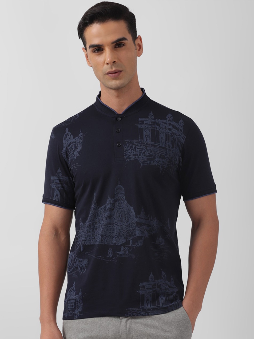 

V Dot Graphic Printed Stand Collar Slim Fit T-shirt, Navy blue