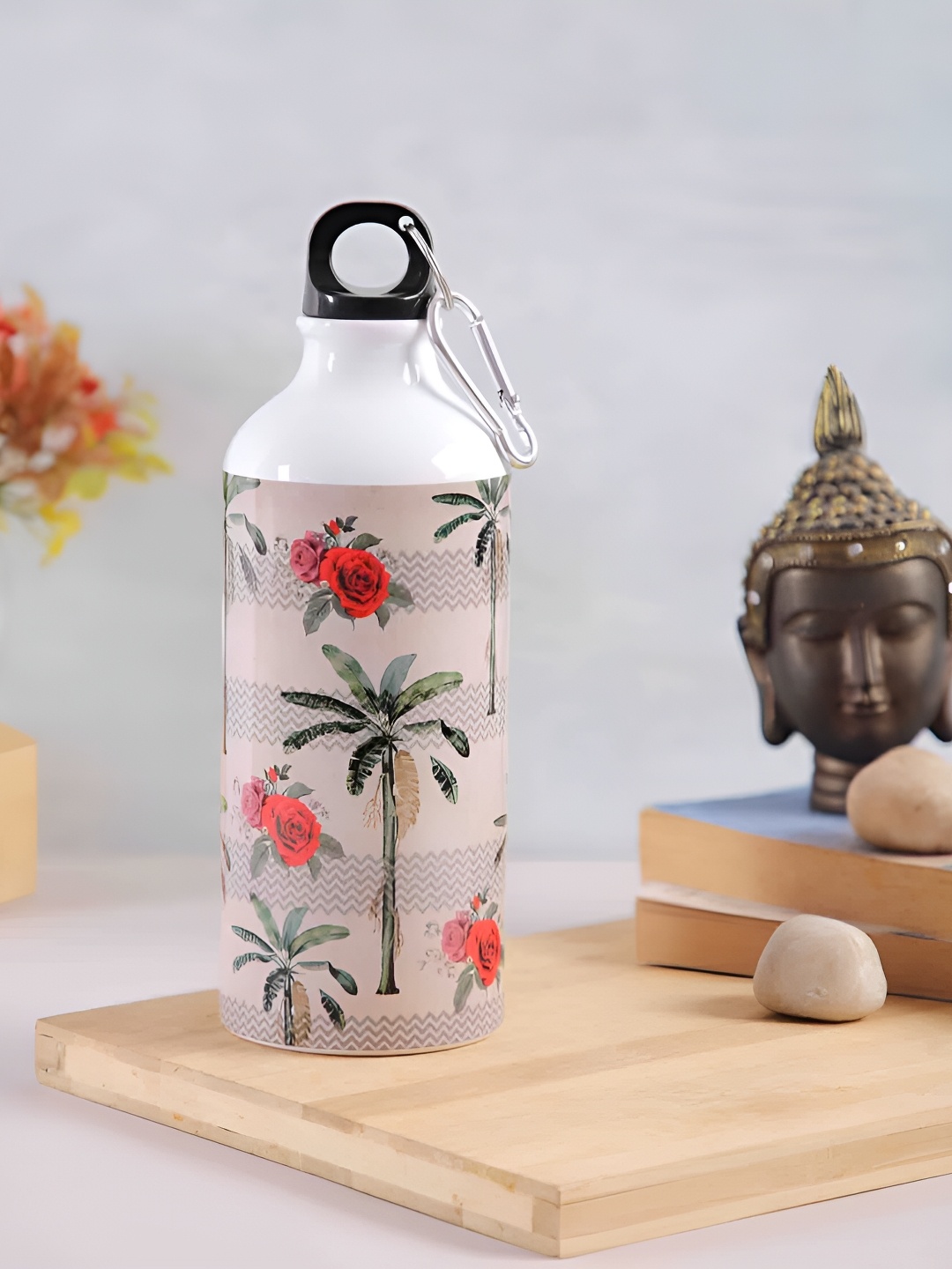 

PENTADECO White & Beige Floral Printed Single Wall Vacuum Water Bottle 600 ml