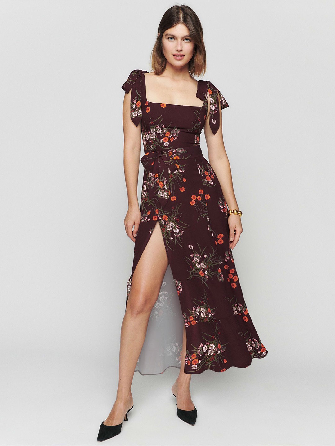 

HERE&NOW Floral Print Slit Sleeve A-Line Dress, Coffee brown