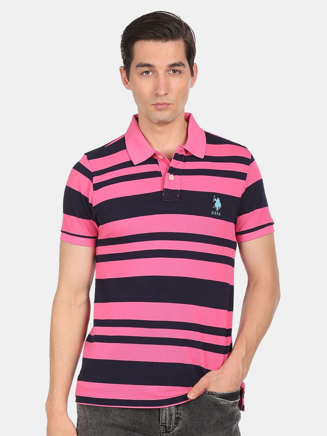 

U S Polo Assn Men Pink Striped Polo Collar Applique T-shirt