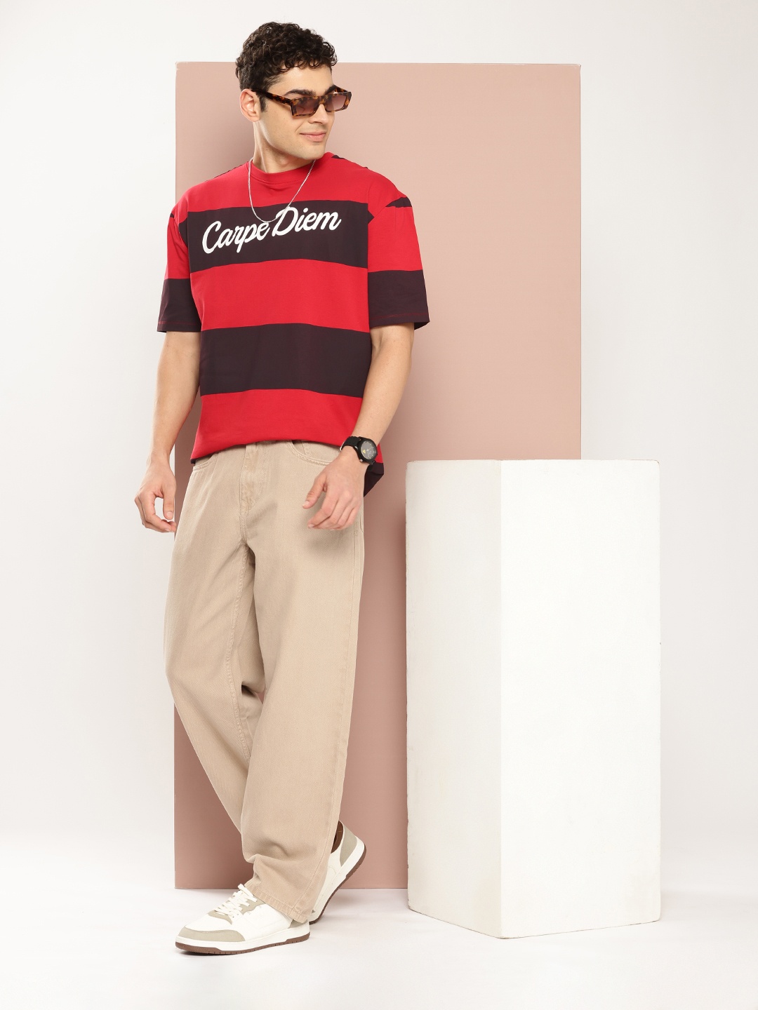 

Harvard Colourblocked Drop-Shoulder Sleeves Pure Cotton T-shirt, Red