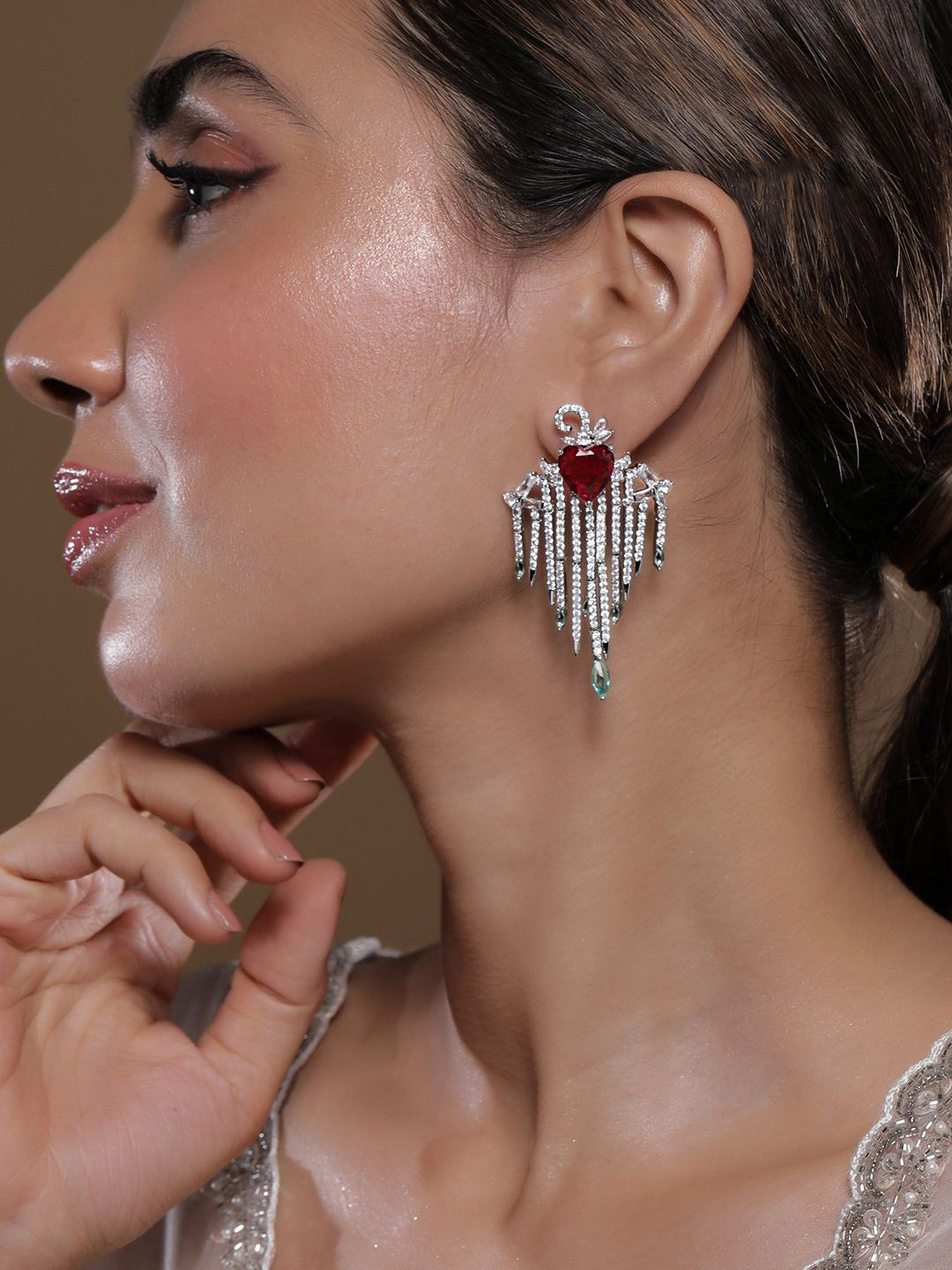 

Rubans Rhodium-Plated Ruby Heart Multilayer AD & Zicronia Drop Earrings with Emerald Drop, Silver