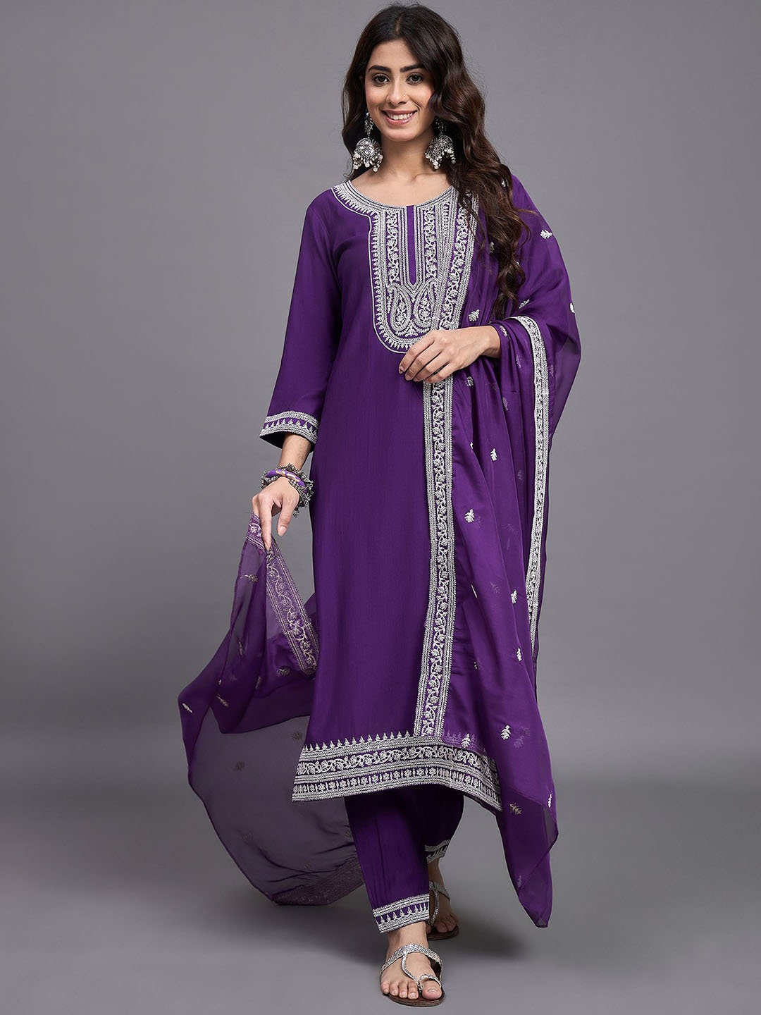 

KLOSIA Ethnic Motifs Embroidered Pure Silk Straight Kurta with Trousers & With Dupatta, Purple