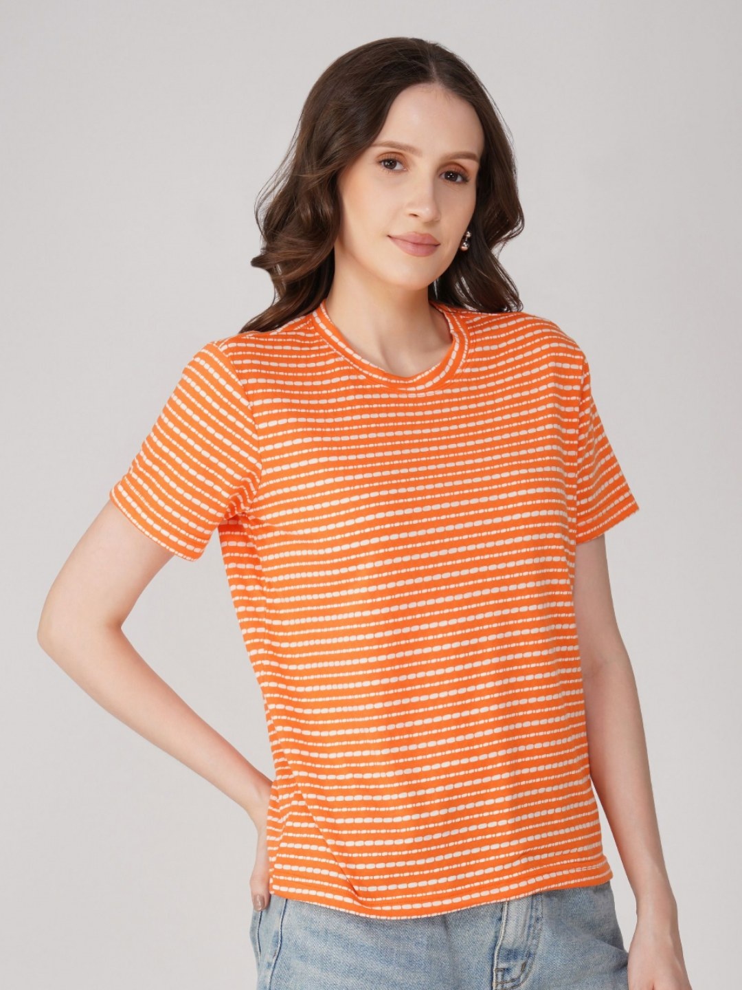 

Street22 Women Bio Finish Striped Round Neck Cotton T-Shirt, Orange