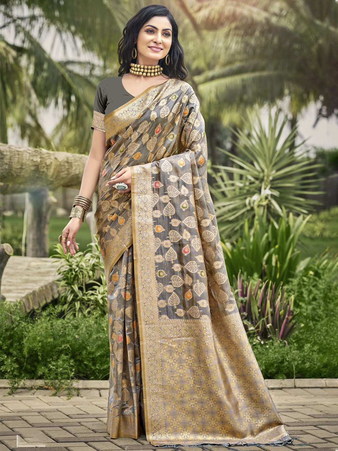 

Ishin Woven Design Zari Organza Saree With Blouse Piece, Grey