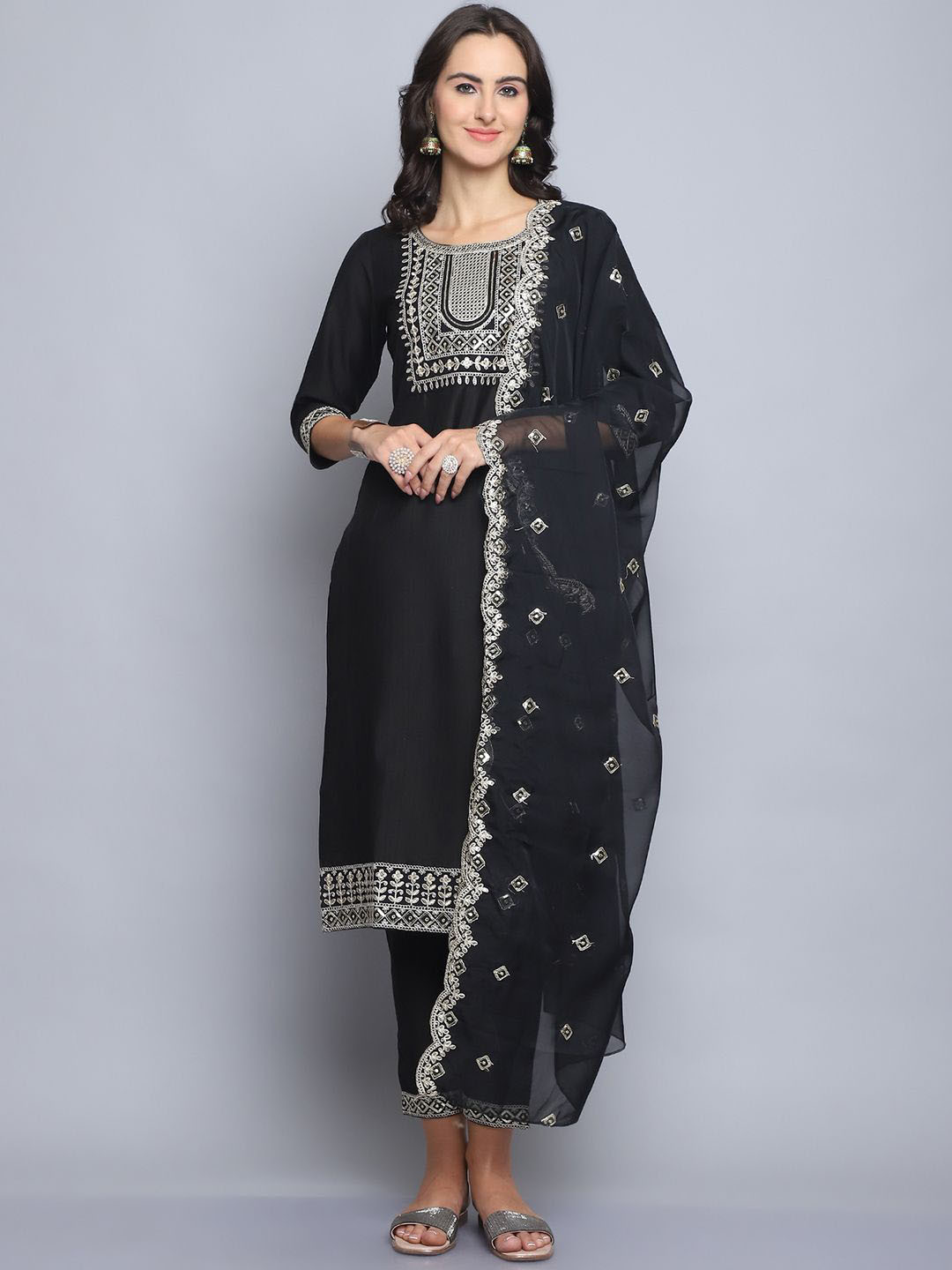 

KLOSIA Ethnic Motifs Embroidered Pure Silk Straight Kurta with Trousers & With Dupatta, Black