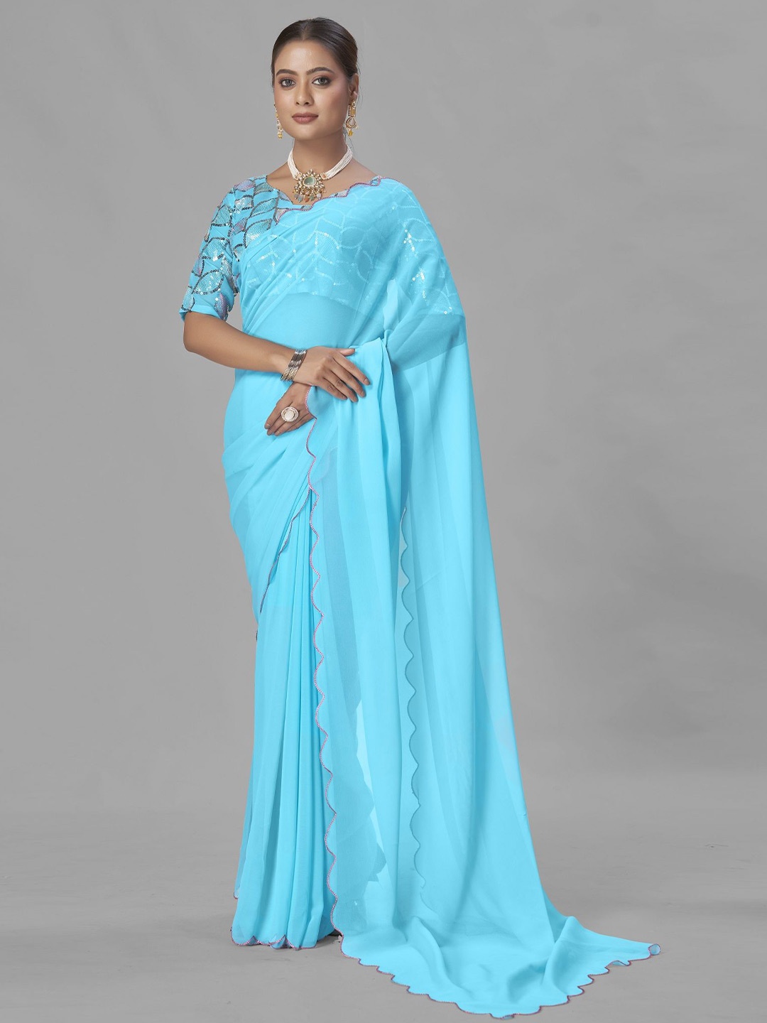 

Aika Pure Georgette zari Saree, Turquoise blue