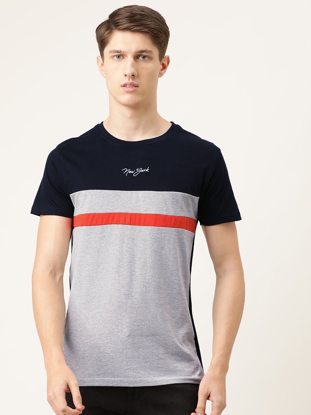 

The Indian Garage Co Men Grey Melange Navy Blue Colourblocked Round Neck Pure Cotton T-shirt