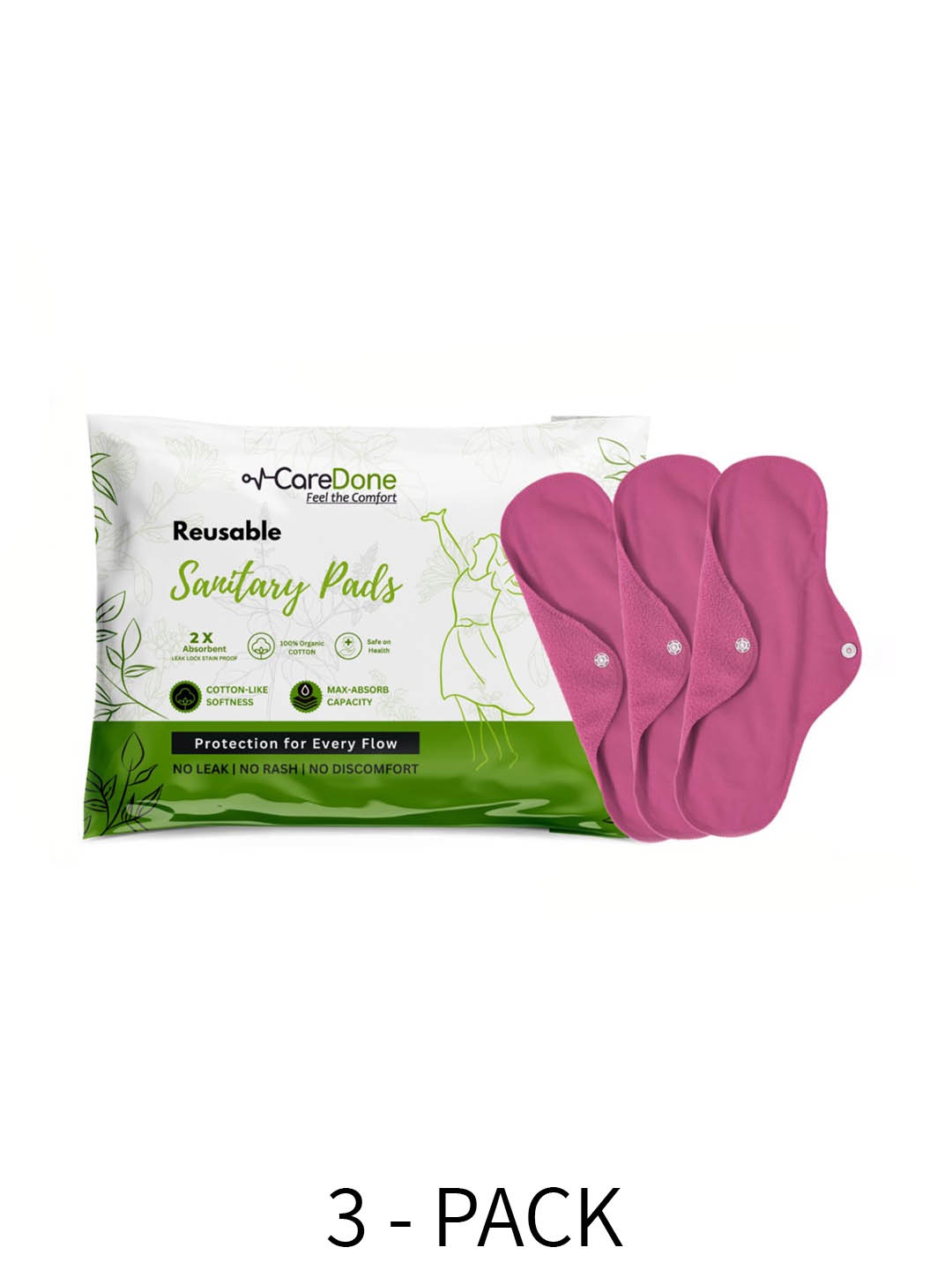 

CareDone Set Of 3 Reusable 100% Organic Cotton Sanitary Cloth Pads - XL, Pink