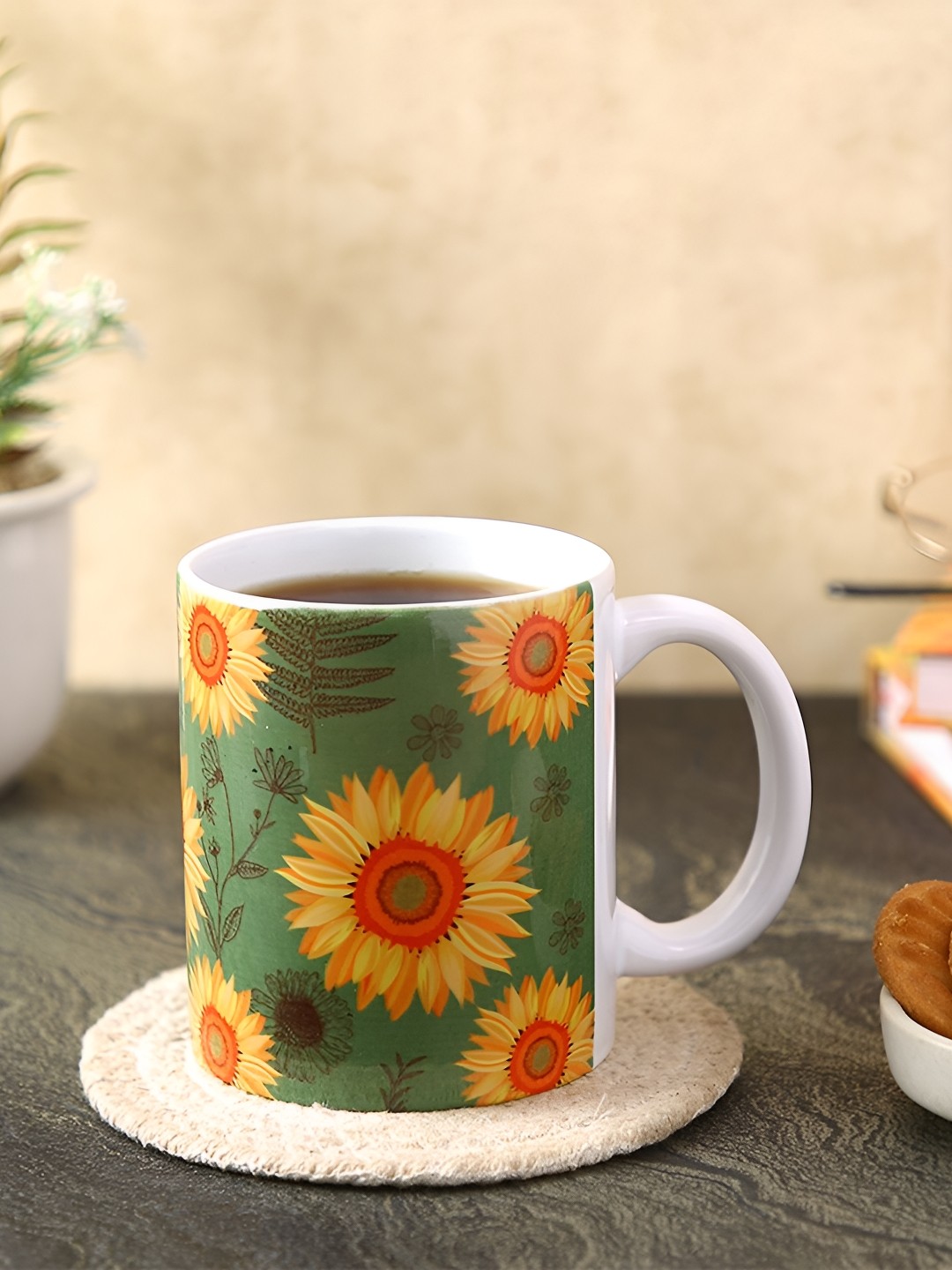 

PENTADECO Green & Orange Sunflower Floral Printed Ceramic Glossy Coffee Mug