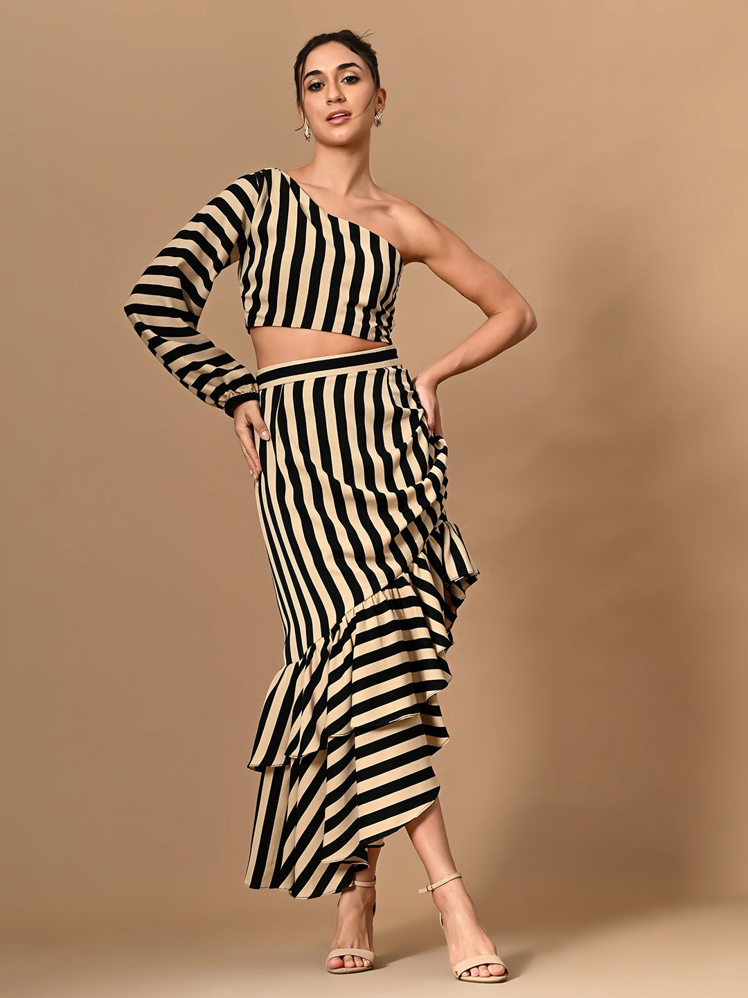 

PANKH Striped One Shoulder Dress, Black