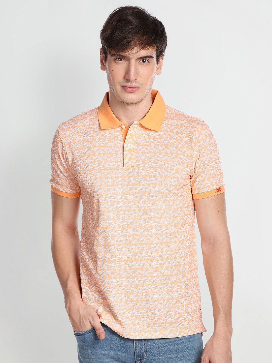 

Flying Machine Geometric Polo Collar Pure Cotton T-shirt, Orange